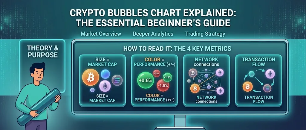 Ein ruhiger Bildschirm voller farbiger Blasen unterschiedlicher Größe, eine davon hervorgehoben, daneben ein kleines Detailfenster.